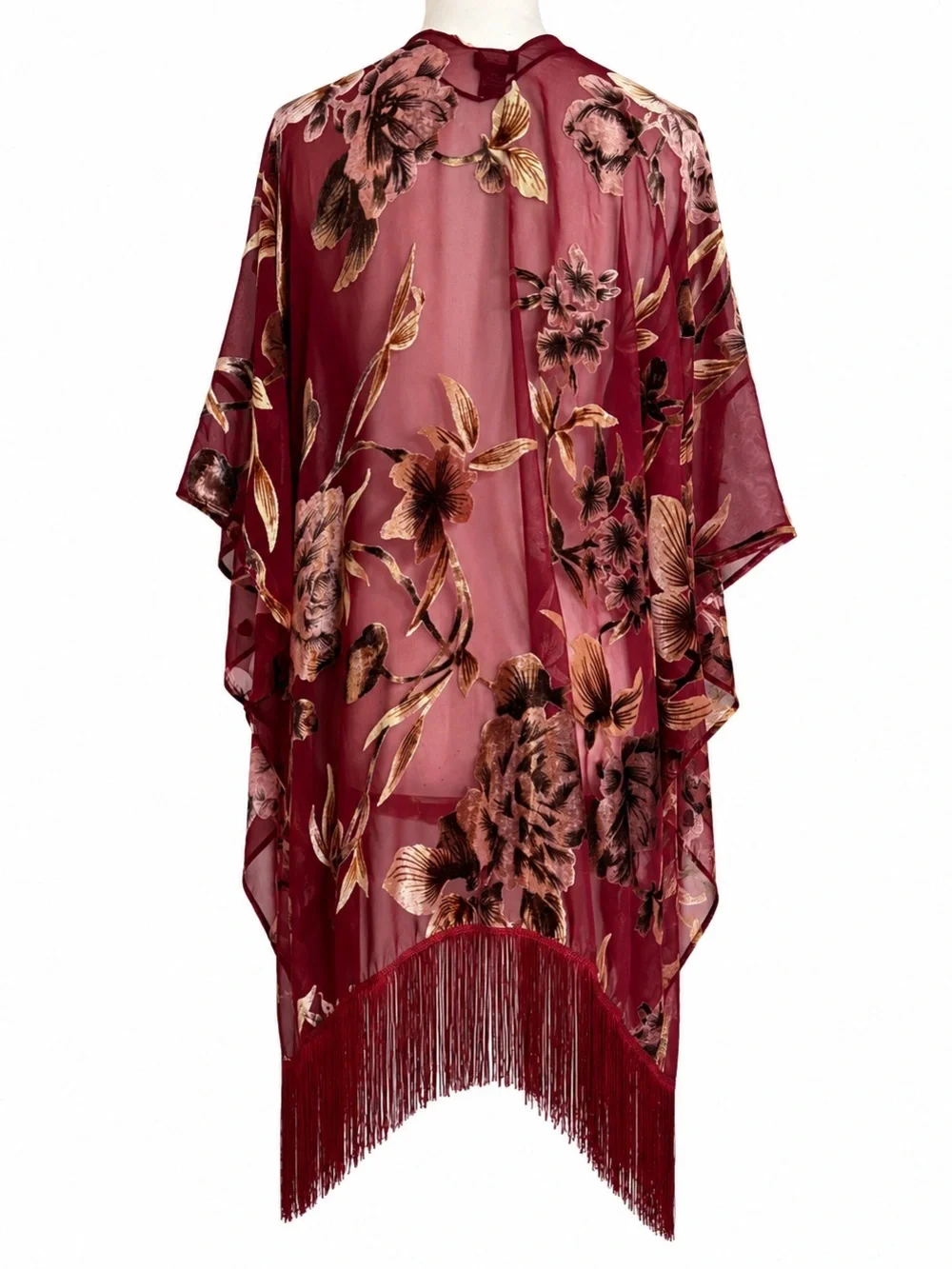 Roffe Burgundy Floral Chiffon Velvet Burnout Fringe Kimono os